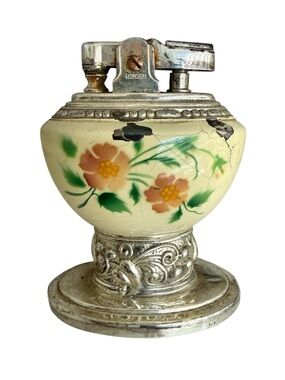 RONSON Vintage Leona MCM Table Lighter Enamel Ivory Cream Floral Filagree